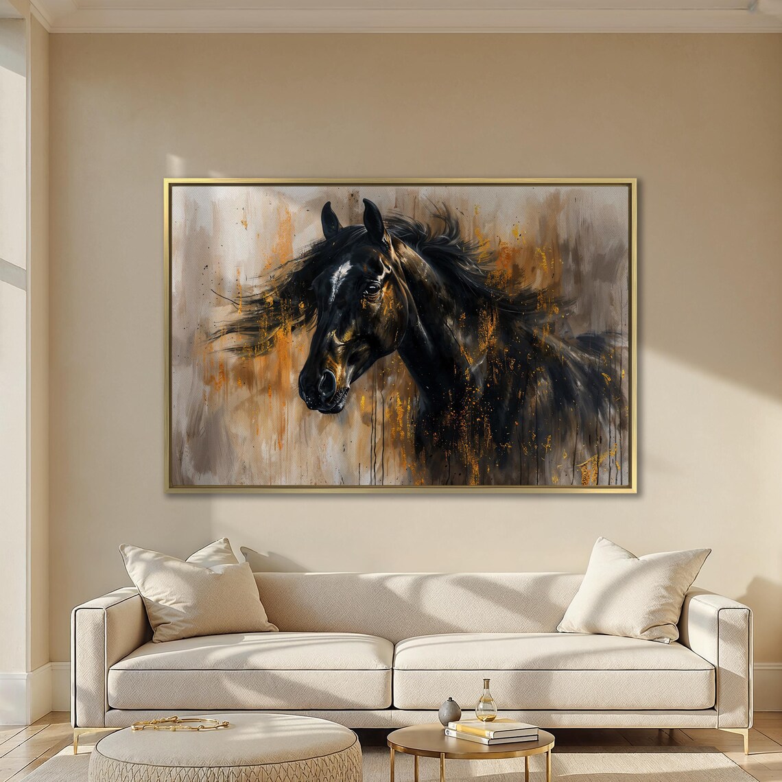 Black Stallion Profile In Warm Gold Abstract Equine Painting Poster - Image 4