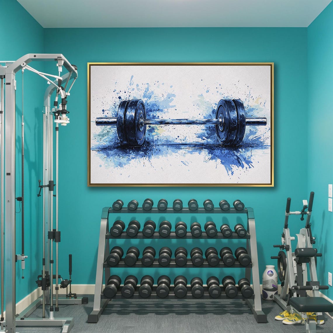 Blue Watercolor Barbell on White with Paint Splatter Fitness Poster - Image 3