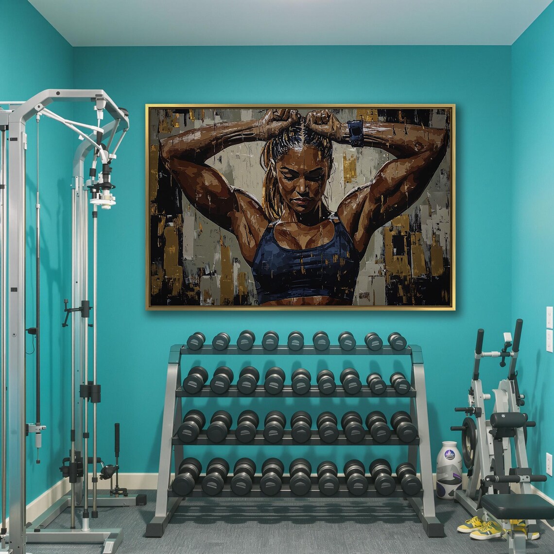 Strong Woman Tying Hair Up Fitness Portrait in Blue and Gold Poster - Image 3