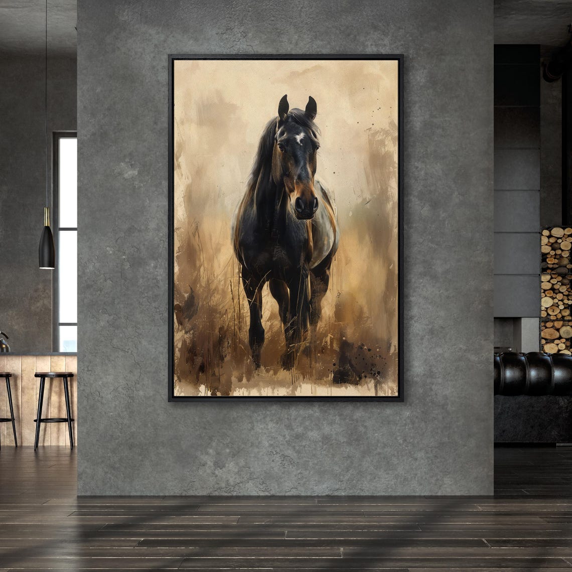 Dark Horse Portrait In Golden Abstract Rustic Equestrian Poster - Image 5