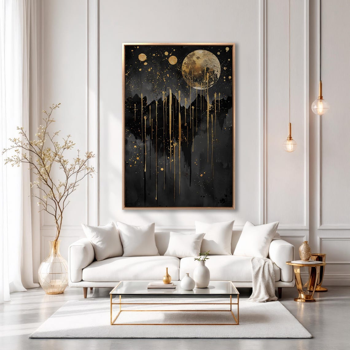 Black And Gold Dripping Moon Over Mountain Silhouette Art Poster - Image 4