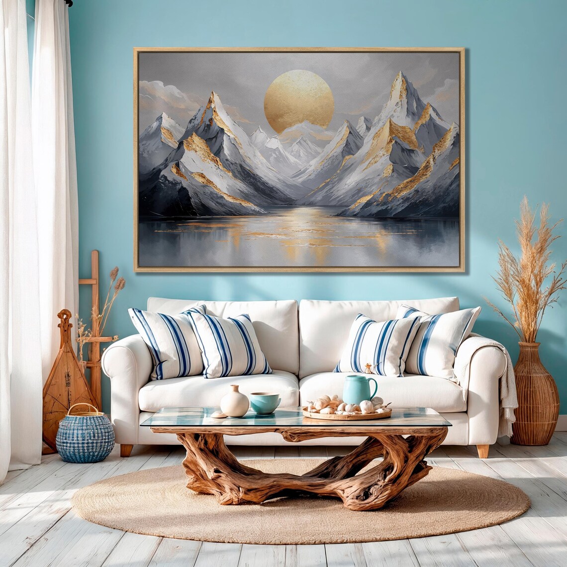 Golden Sun Rising Over Gray Mountains and Calm Lake Art Poster - Image 2