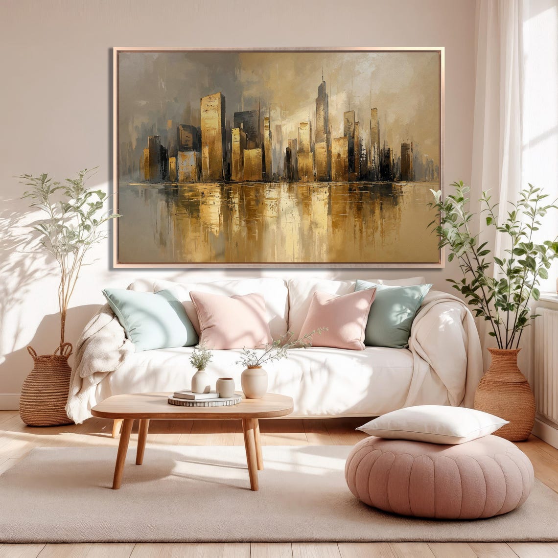 Hazy Golden City Skyline Reflection in Water Elegant Art Poster - Image 2