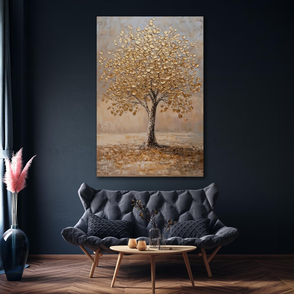 Solitary Golden Tree On Beige Gray Background Impasto Oil Poster - Image 4