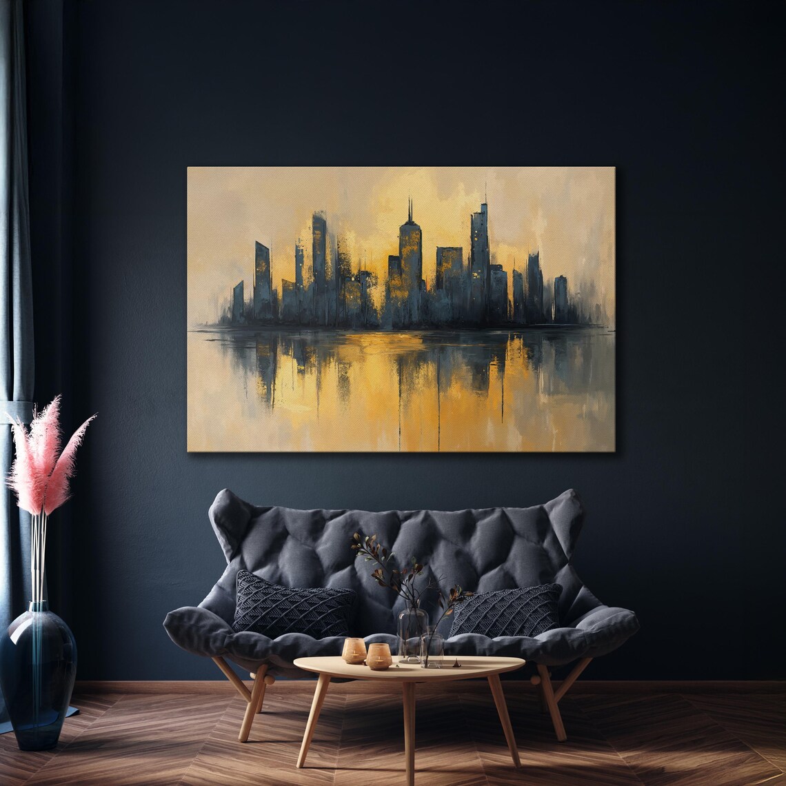 City Skyline Silhouette at Golden Sunset Water Reflection Art Poster - Image 5