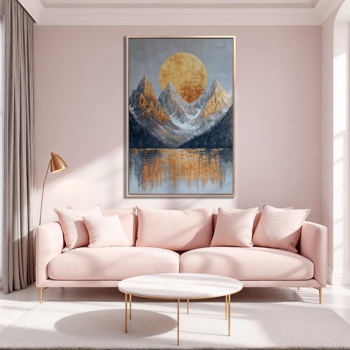 Golden Sunrise Behind Three Peaks Mountain Lake Reflection Poster - Image 3