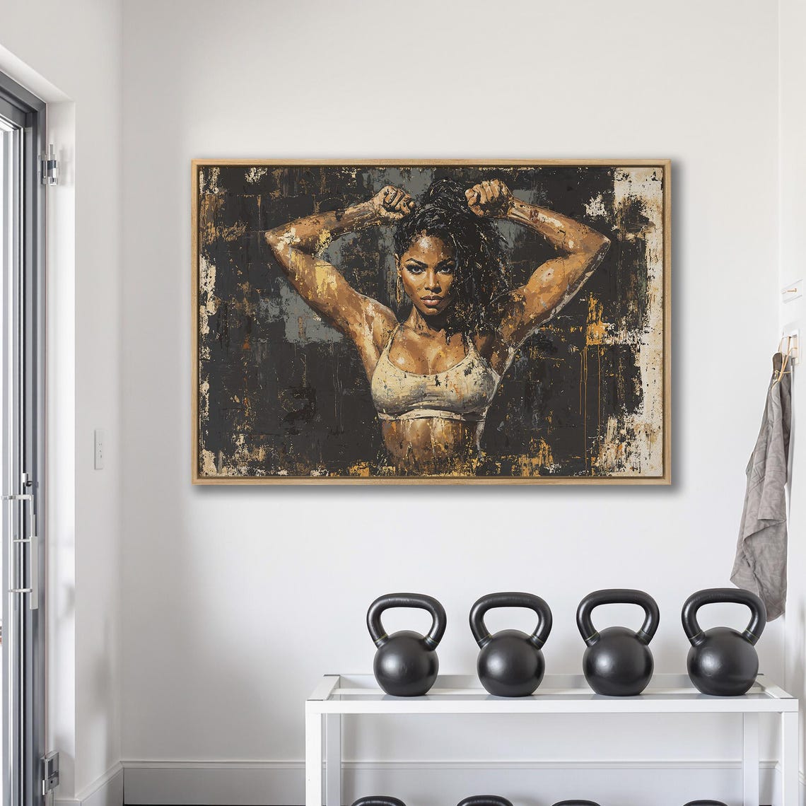 Fit Black Woman With Arms Raised On Dark Black Gold Gym Poster - Image 2