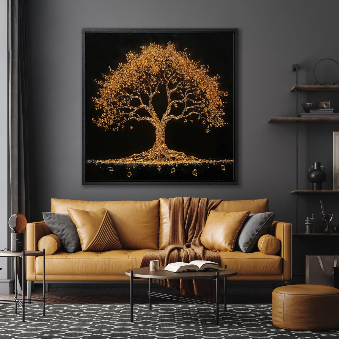 Golden Wire Tree of Life on Black Starry Night Elegant Art Poster - Image 4