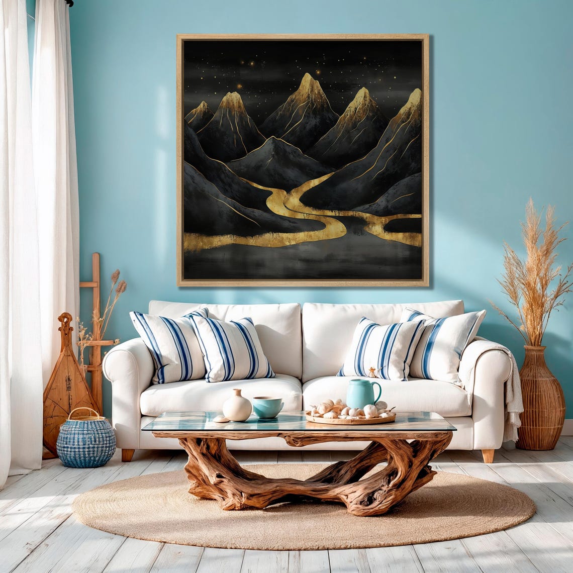 Starry Night Black Mountain Peaks with Golden River Valley Poster - Image 3