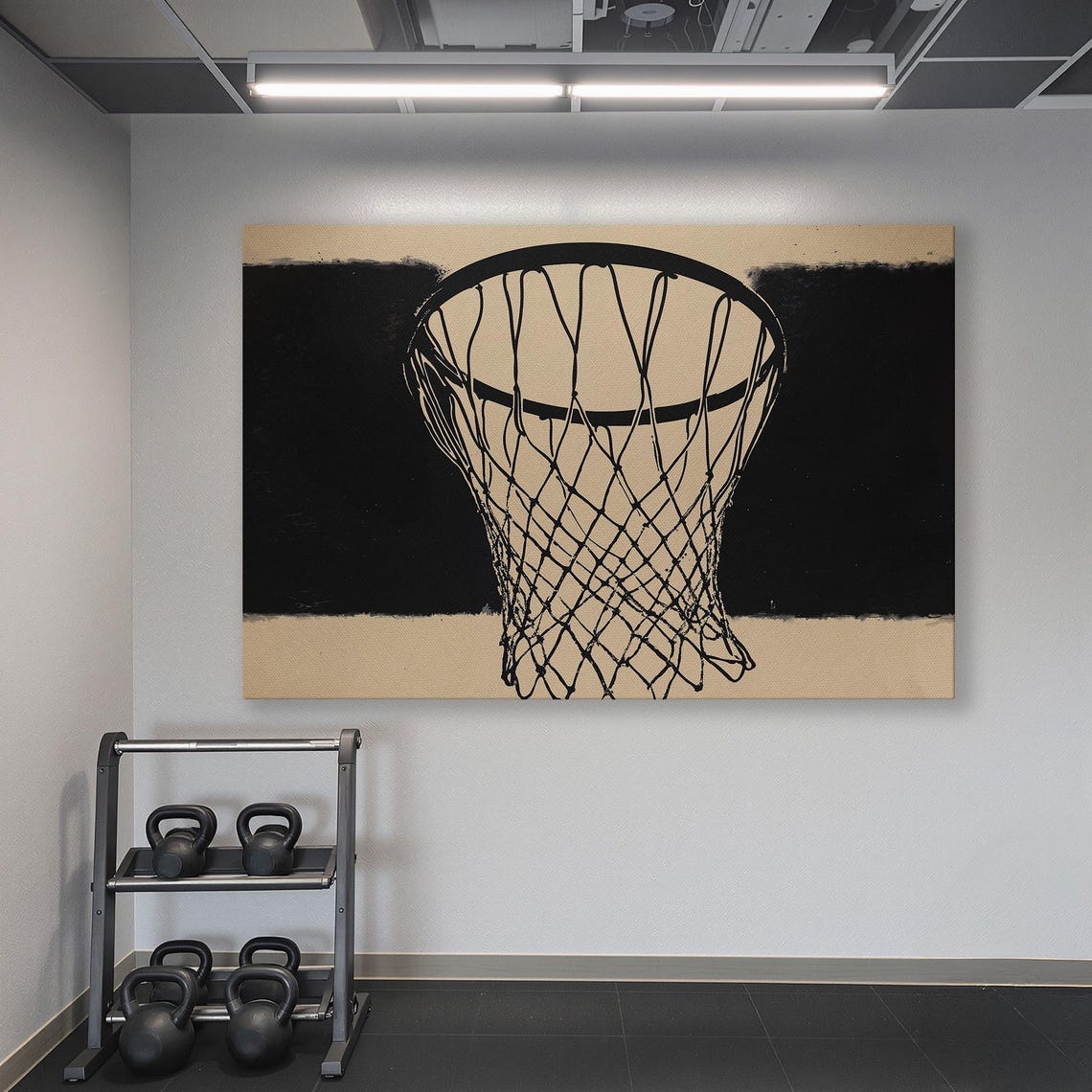 Minimalist Basketball Hoop Net In Bold Black On Warm Beige Wall Art - Image 6