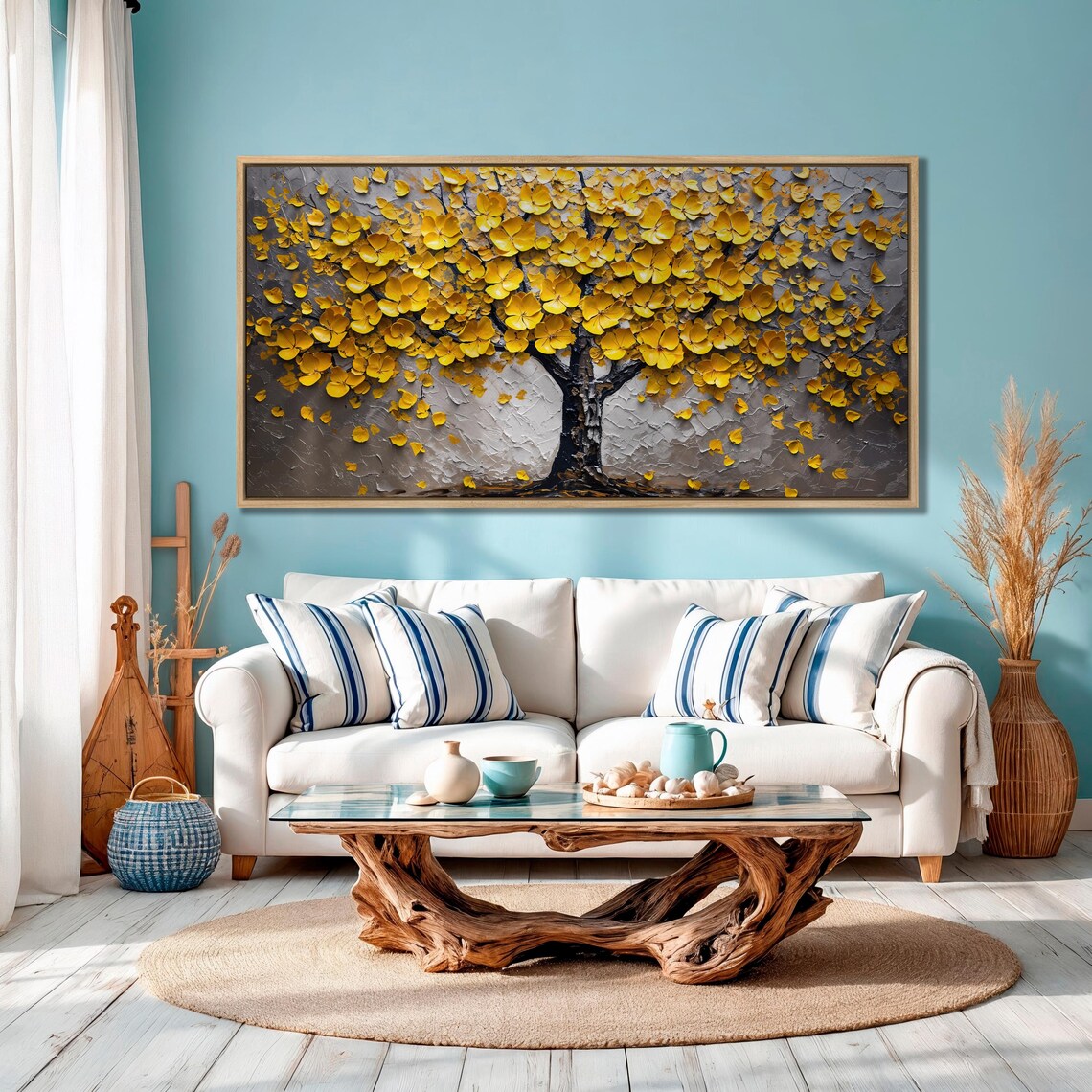 Golden Blossom Tree Of Life Textured Floral Wall Painting Poster - Image 2