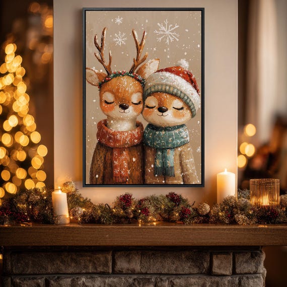 Cute Reindeer Canvas Wall Art Winter Animals Painting Print Adorable Christmas Decor Festive Holiday Poster Ready To Hang Xmas Gift