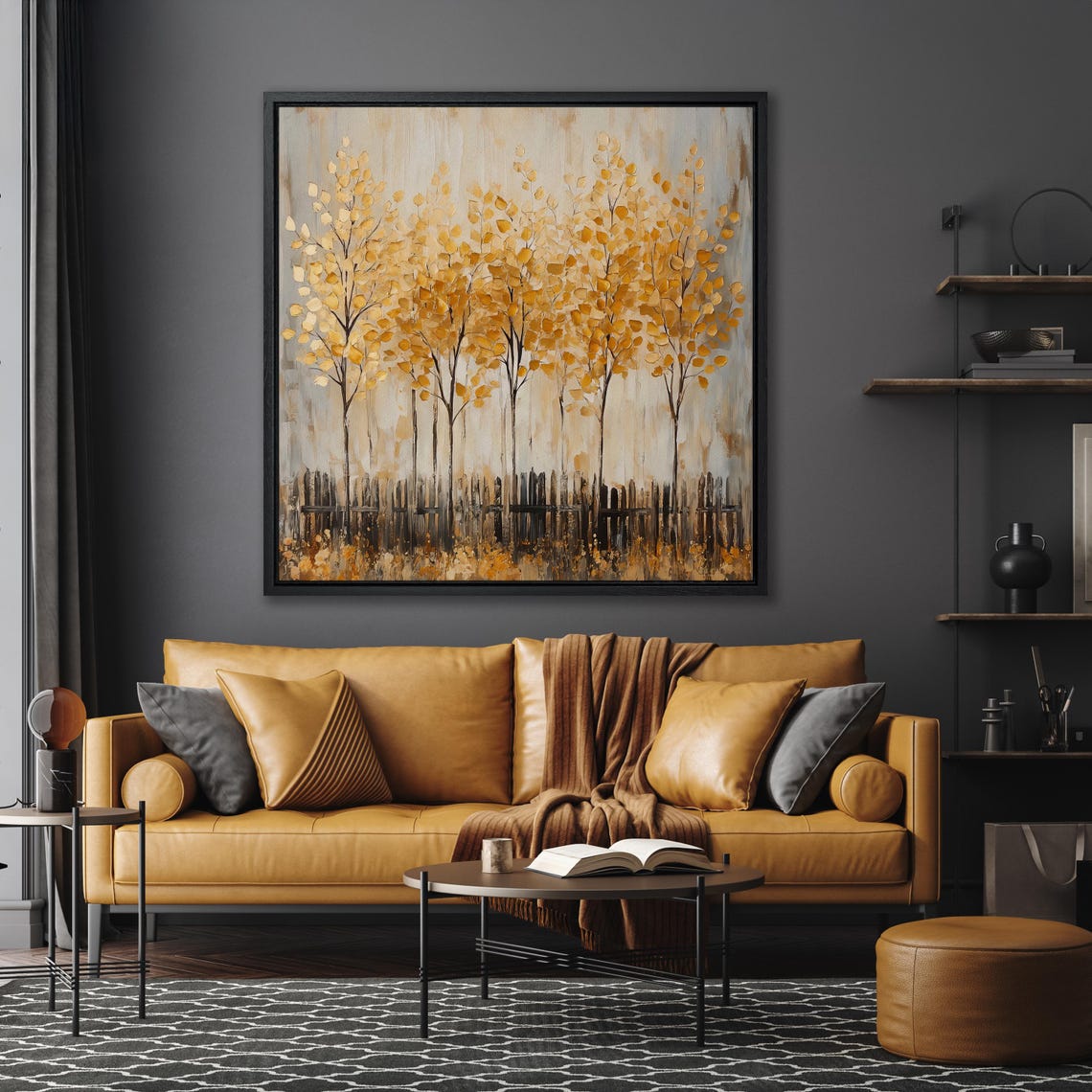 Golden Leaf Trees Standing Behind Rustic Wooden Fence Artwork Poster - Image 6