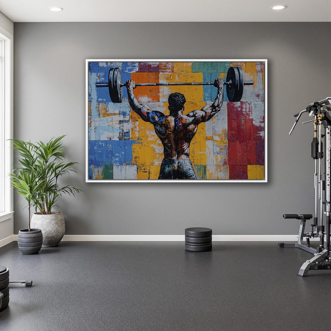 Man Pressing Barbell Overhead Back View Bold Color Block Poster - Image 5