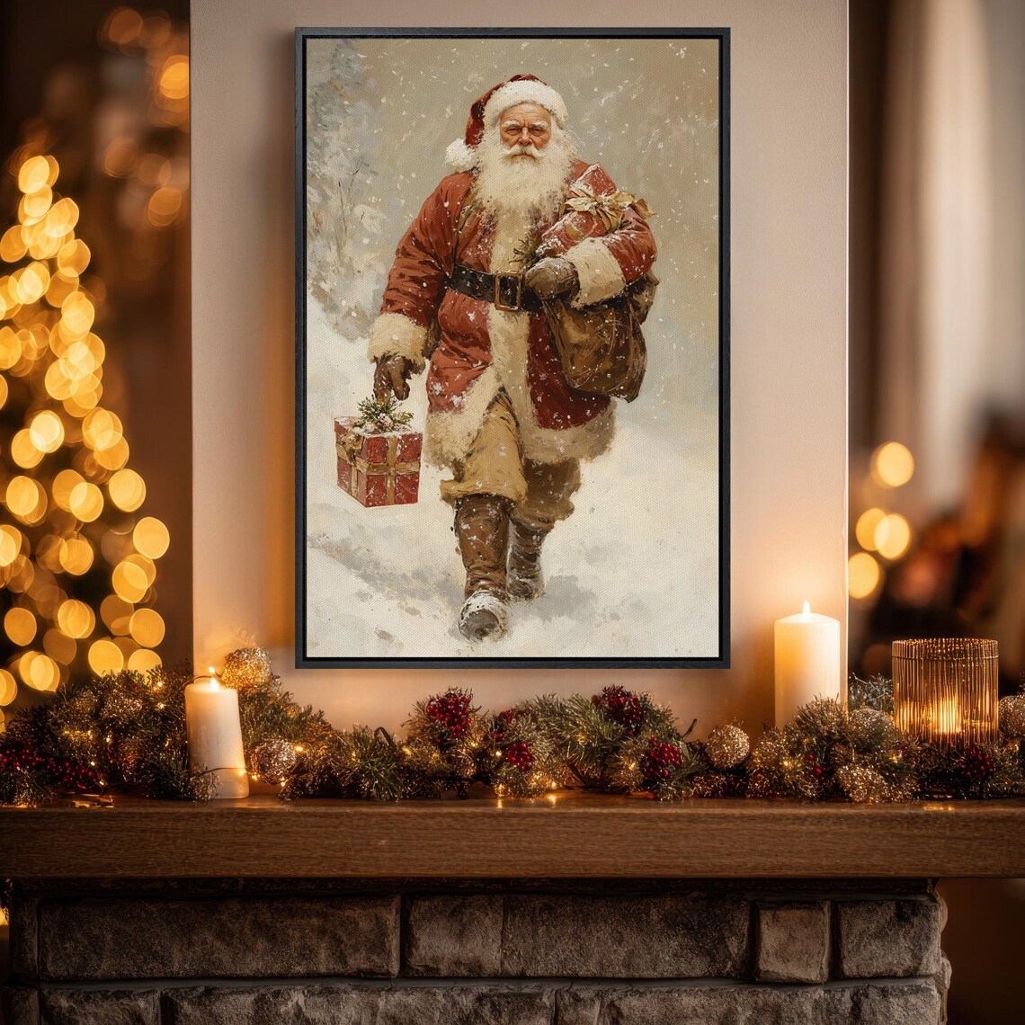 Vintage Santa Claus Carrying Gifts Through Snow Holiday Painting Poster
