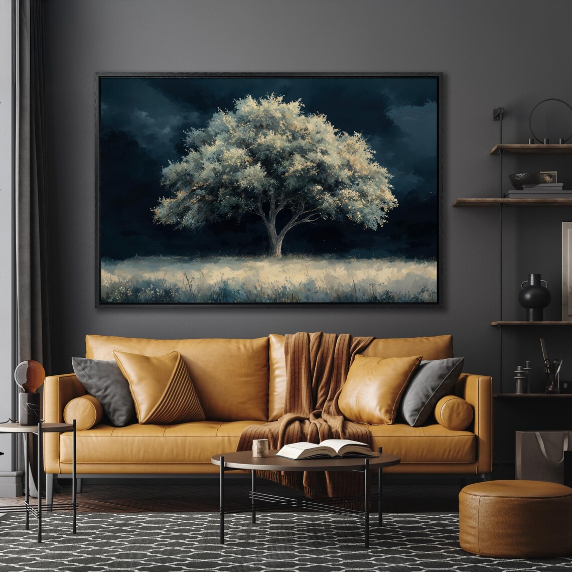 Lone Pale Tree Under Dark Stormy Night Sky Moody Landscape Art Poster - Image 4