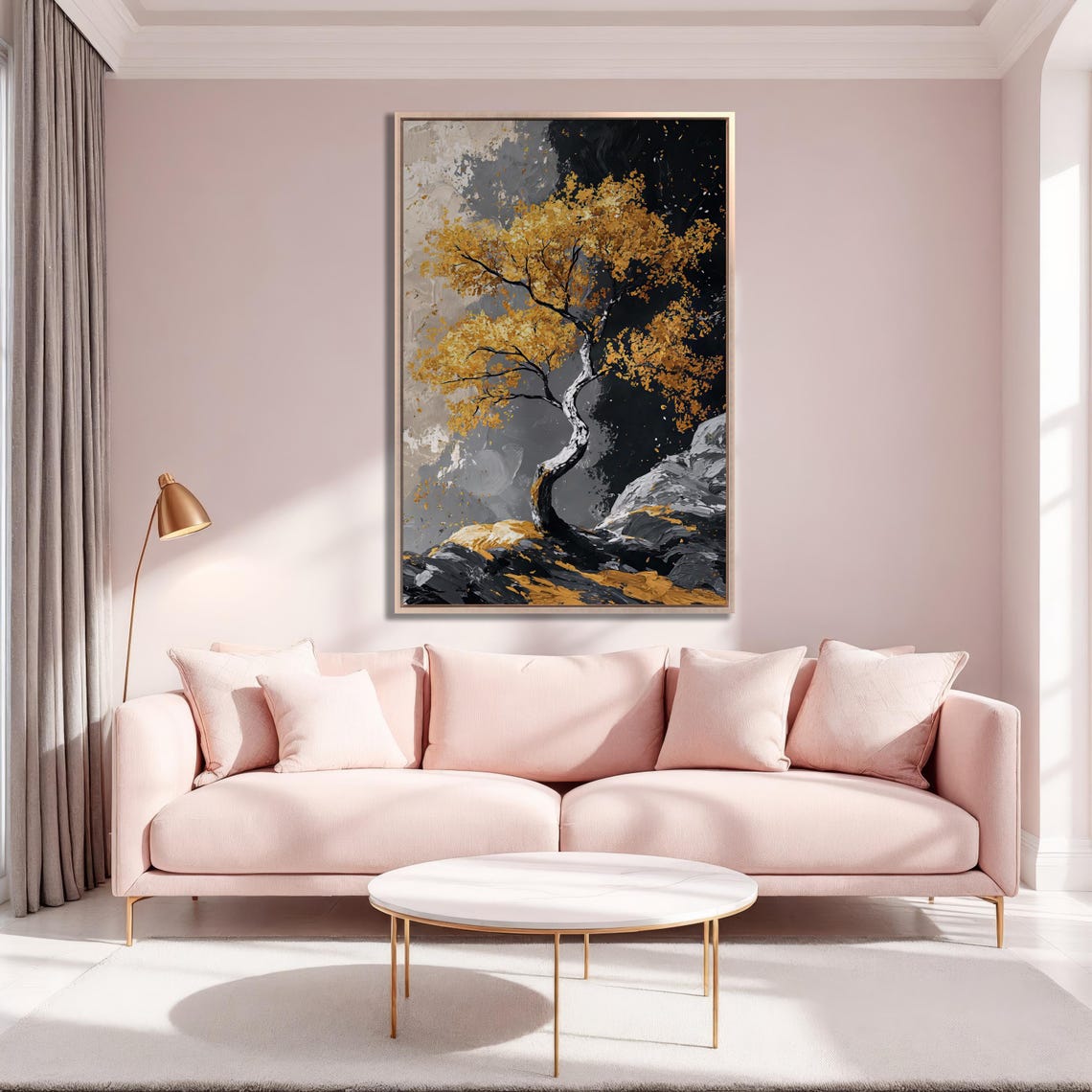 Windswept Golden Tree On Dark Rocks Black Gold Impasto Poster - Image 2