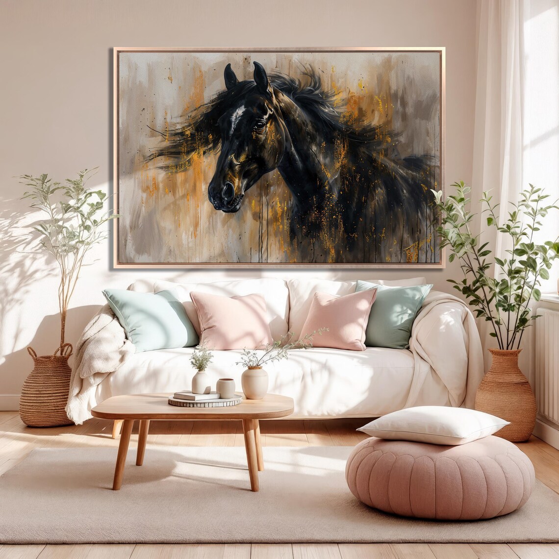 Black Stallion Profile In Warm Gold Abstract Equine Painting Poster - Image 3