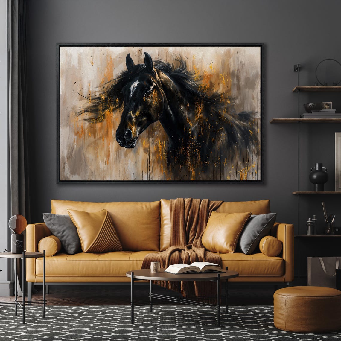 Black Stallion Profile In Warm Gold Abstract Equine Painting Poster - Image 5