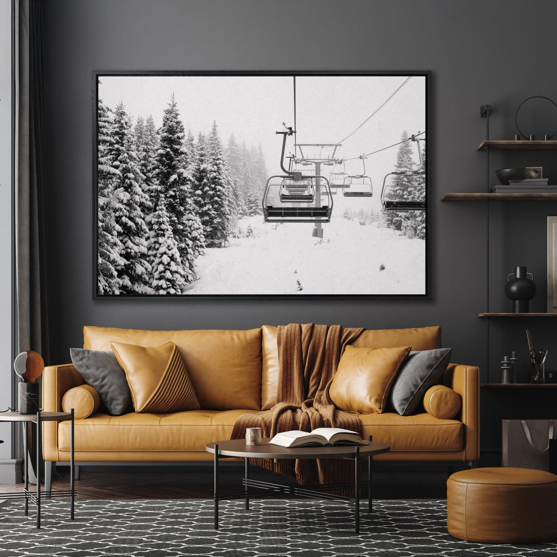Ski Lift Chairs Snowy Pines Black And White Winter Photo Wall Art - Image 4