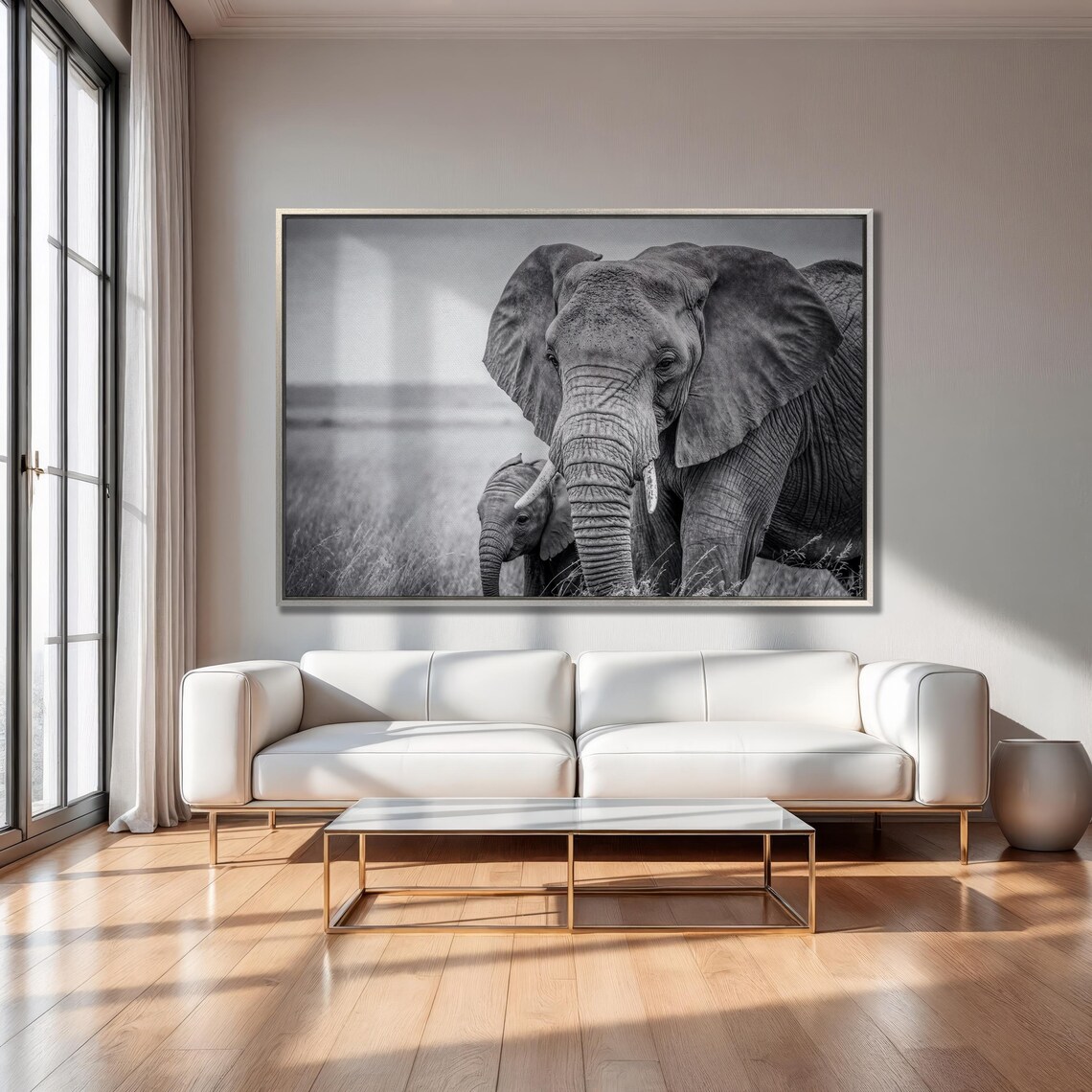 Mother Elephant And Calf Black And White Safari Photo Wall Art - Image 5