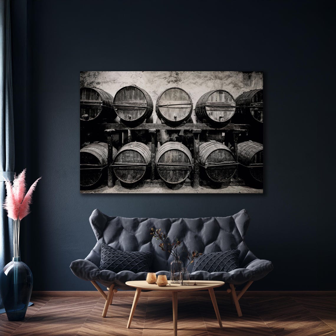 Stacked Wine Barrels Winery Cellar Black And White Large Wall Art - Image 3