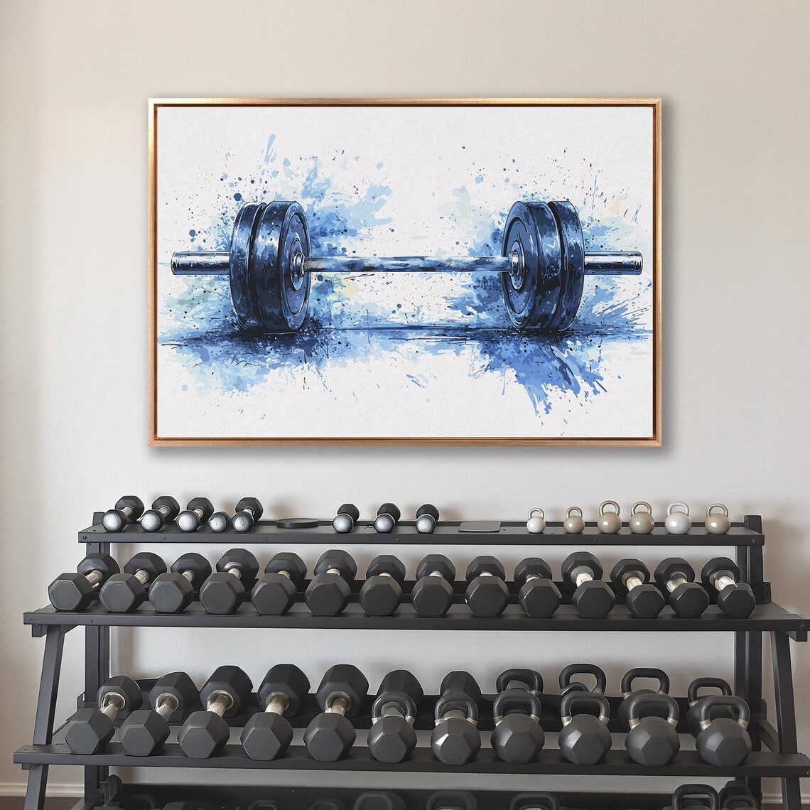 Blue Watercolor Barbell on White with Paint Splatter Fitness Poster - Image 4