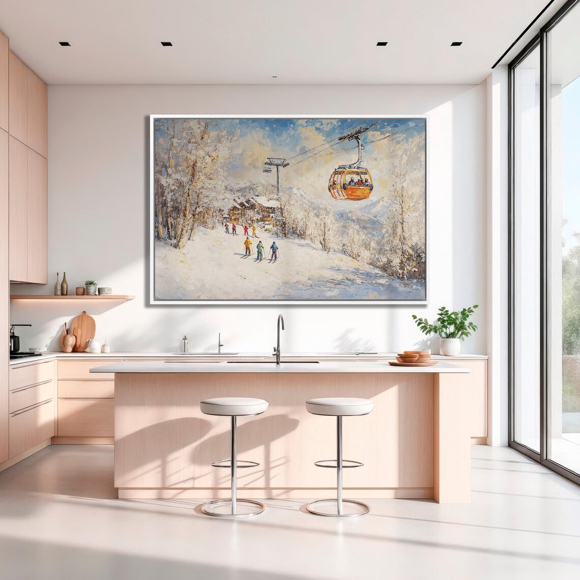 Orange Gondola Above Skiers Near Alpine Village Golden Light Poster - Image 3