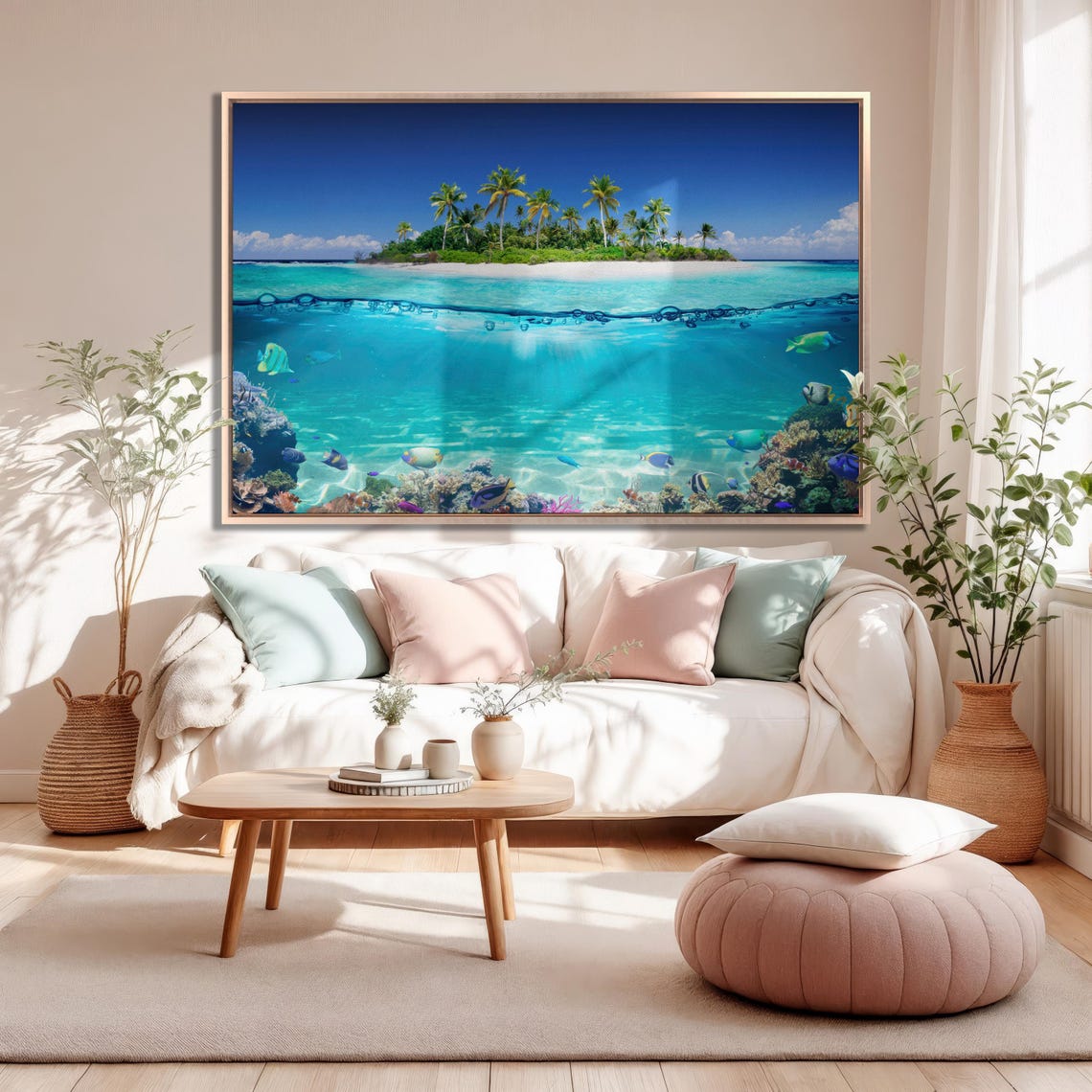 Tropical Island And Coral Reef Bedroom Wall Decor Split View With Waterline Beach Large Wall Art Palm Tree Tropical Beach - Image 2