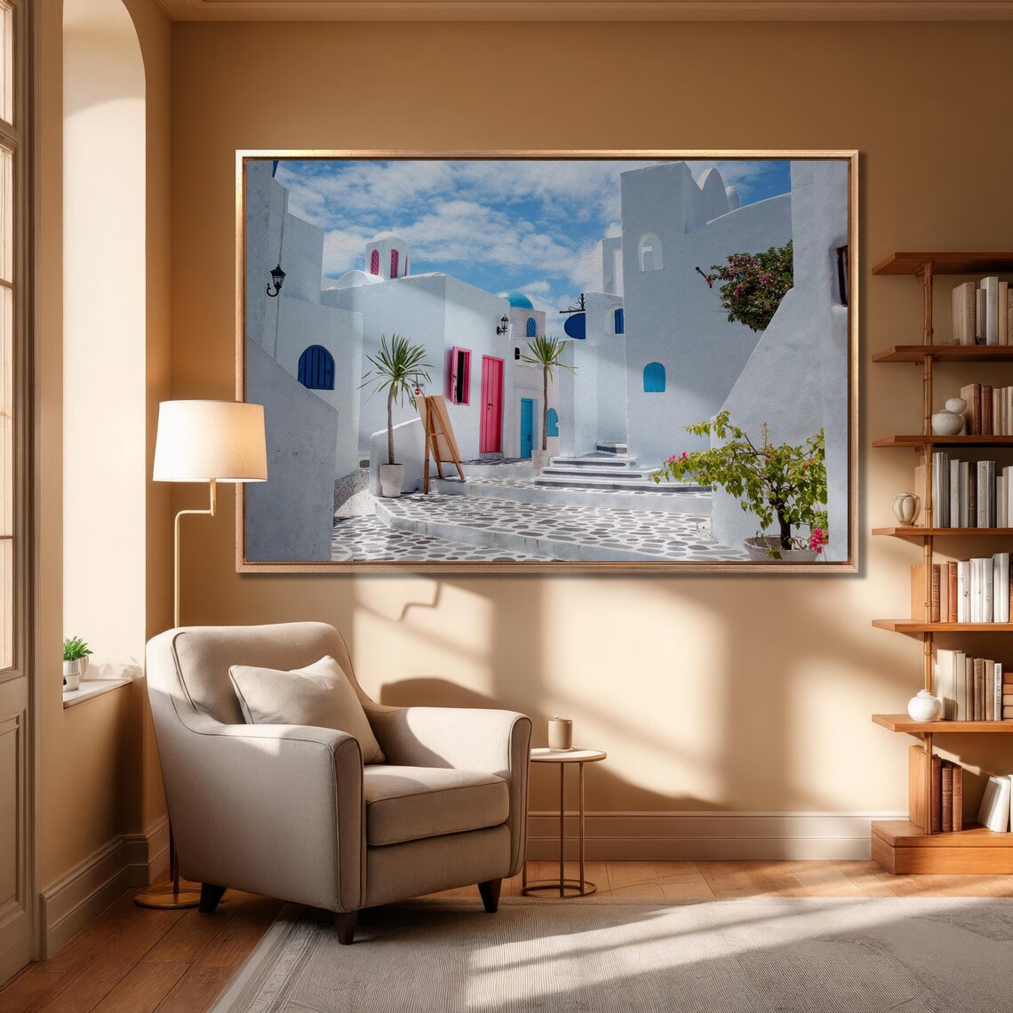 Greek Island Village Street Whitewashed Houses Daytime Wall Art - Image 2