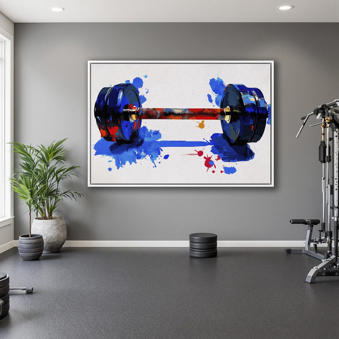 Dumbbell with Blue Plates and Red Bar on White Splatter Poster - Image 5