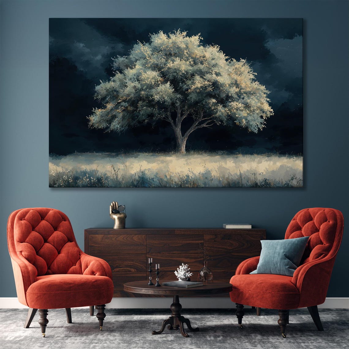 Lone Pale Tree Under Dark Stormy Night Sky Moody Landscape Art Poster - Image 5