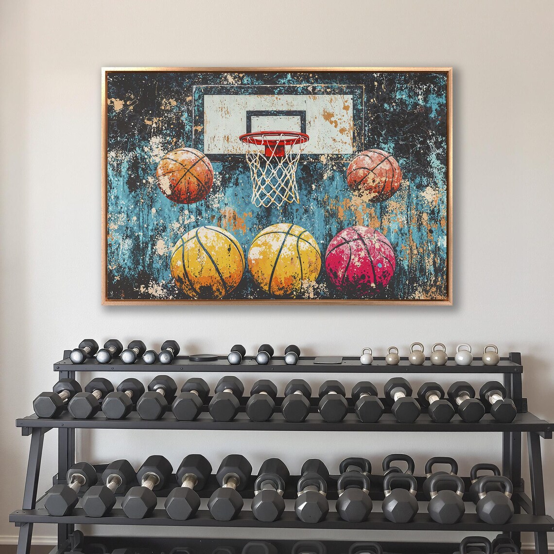 Basketball Hoop Surrounded By Five Colorful Balls Sports Poster - Image 4