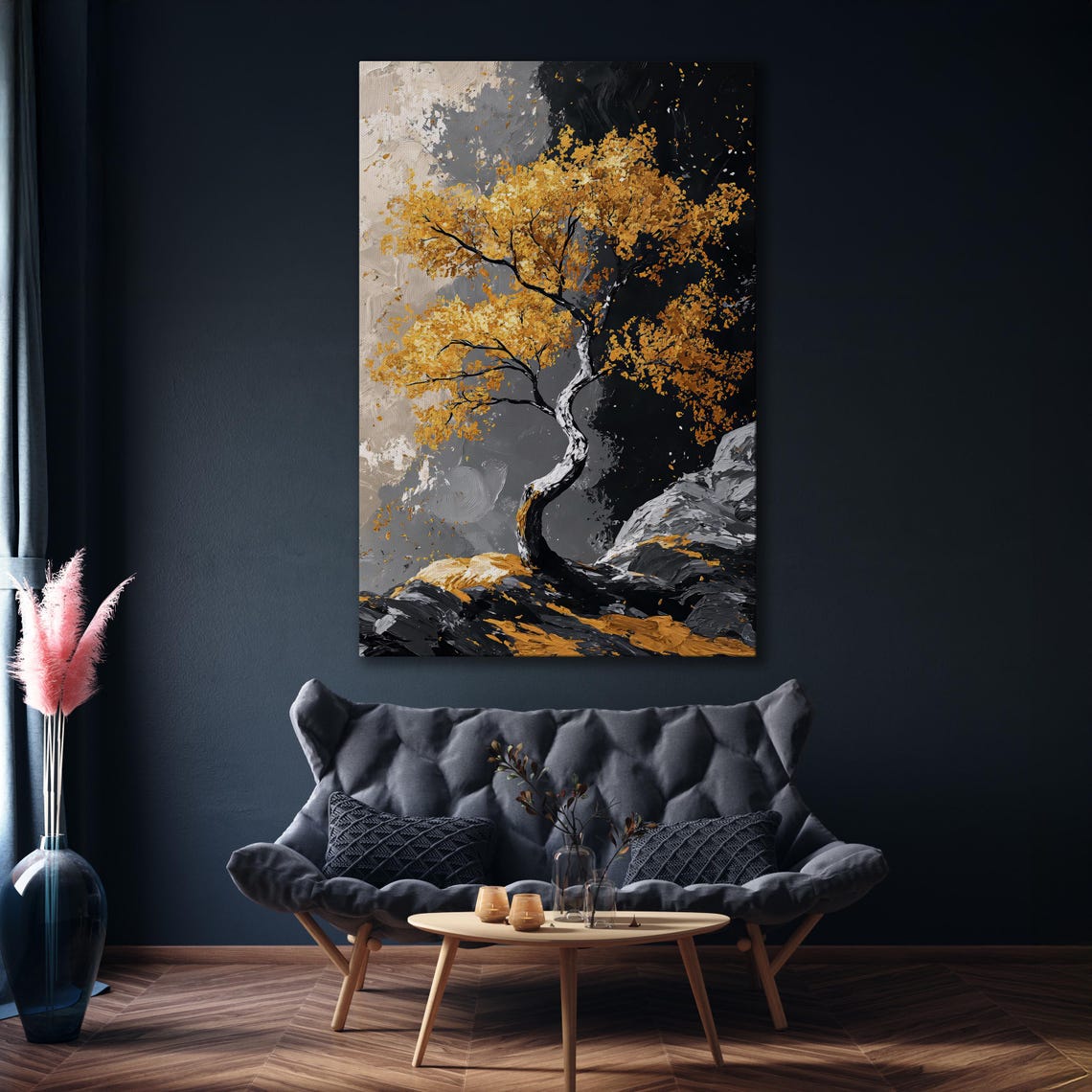 Windswept Golden Tree On Dark Rocks Black Gold Impasto Poster - Image 5