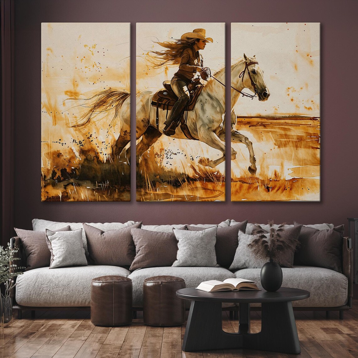 Cowgirl Galloping White Horse Across Prairie Watercolor Poster - Image 6