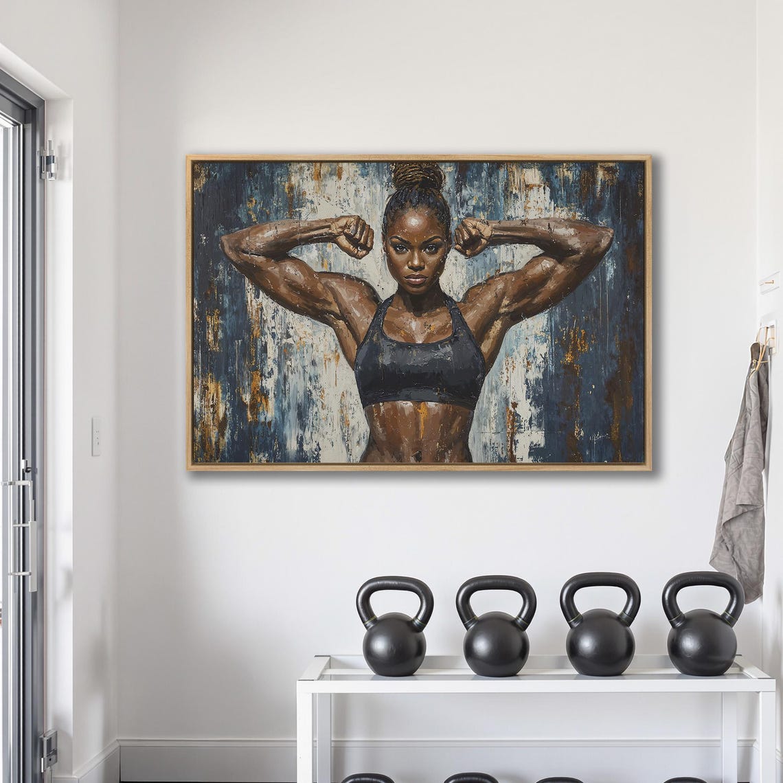 Athletic Woman Double Biceps Pose on Blue Gold Grunge Poster - Image 2