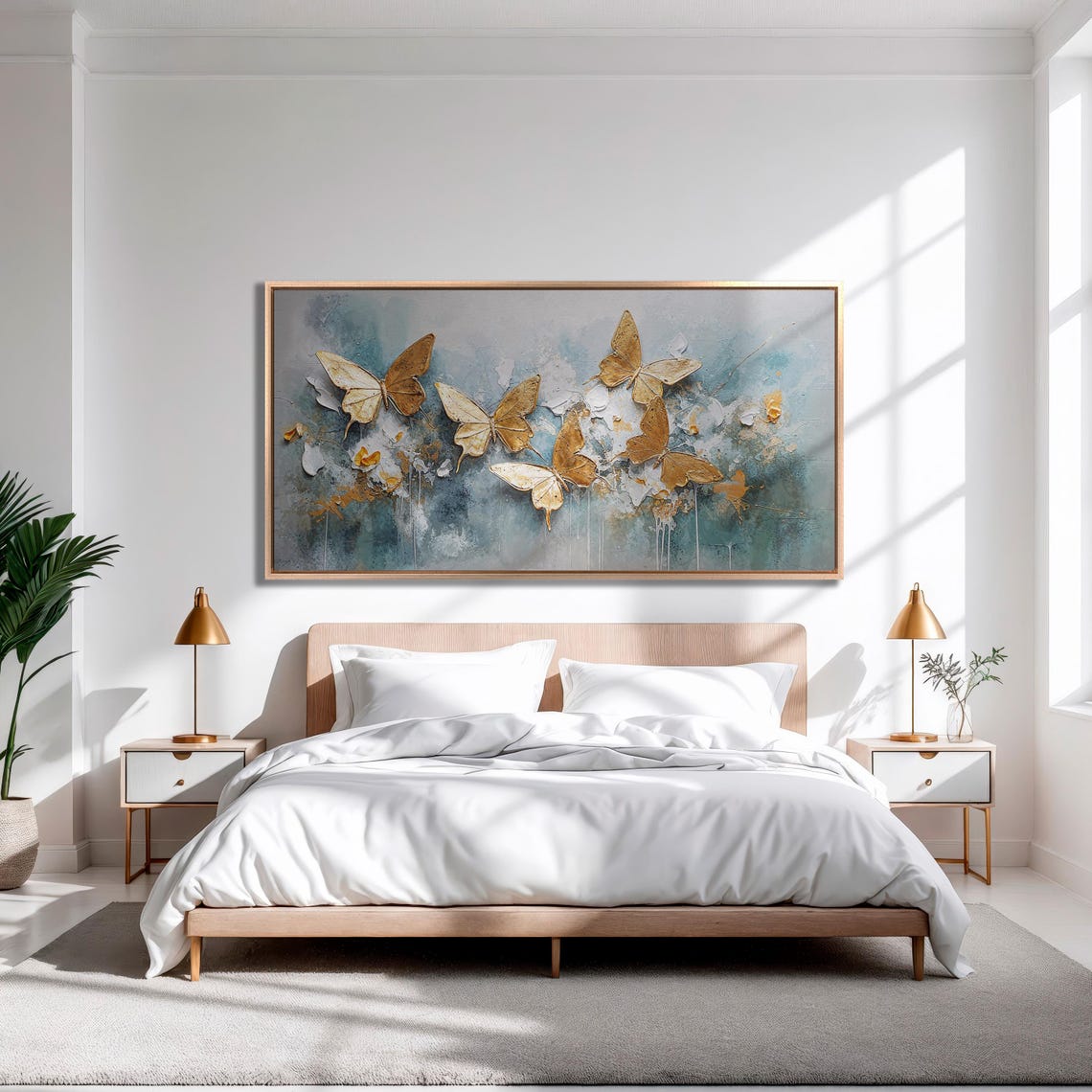 Golden Butterflies 3D Effect Teal Textured Abstract Wall Art - Image 2
