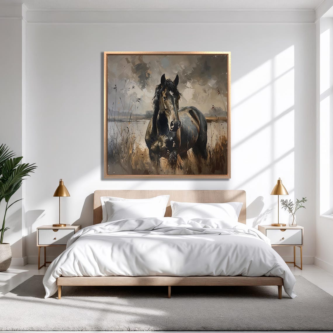Dark Horse Standing In Misty Marsh Field Stormy Sky Watercolor Poster - Image 4