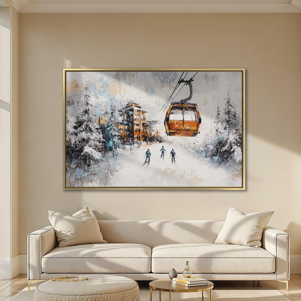 Orange Gondola and Skiers with Snowy Village Soft Winter Poster - Image 2