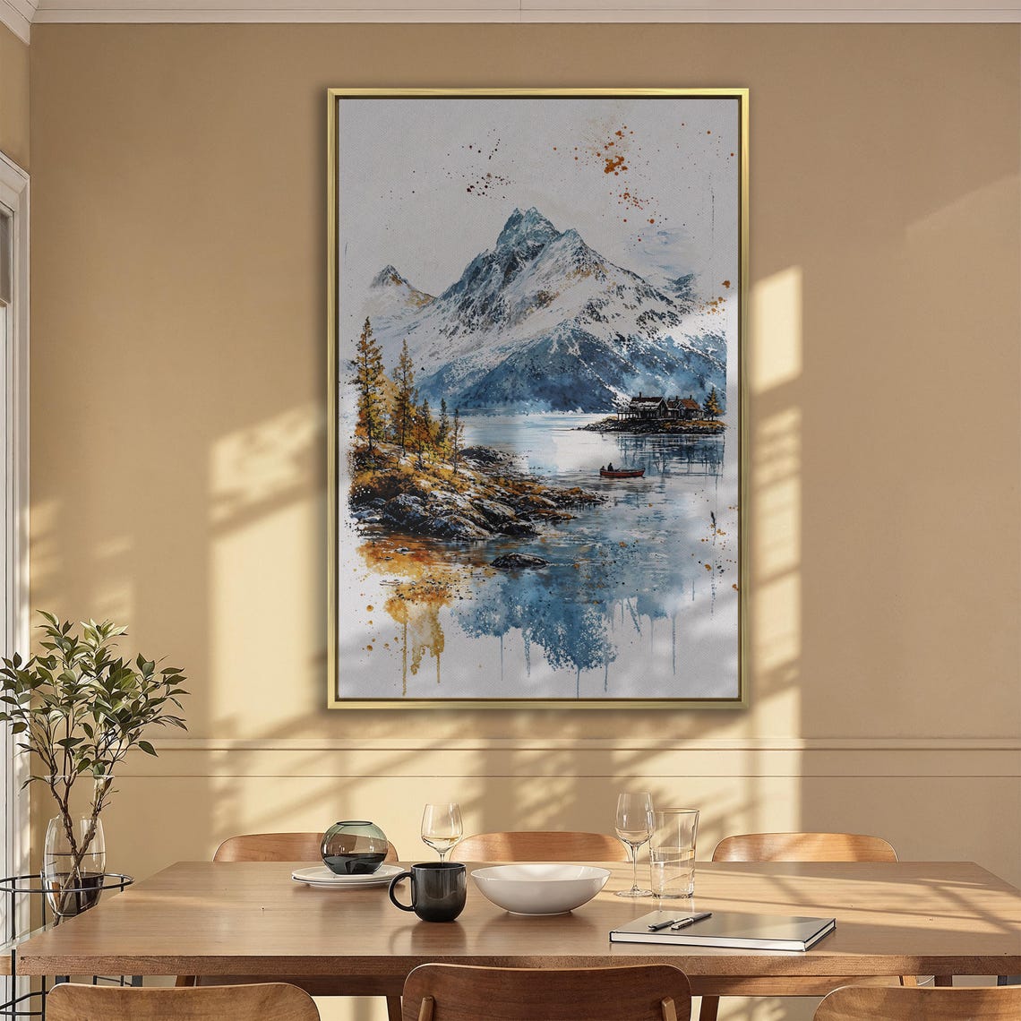 Snowy Mountain Lake with Red Canoe and Cabins Autumn Watercolor Poster - Image 2