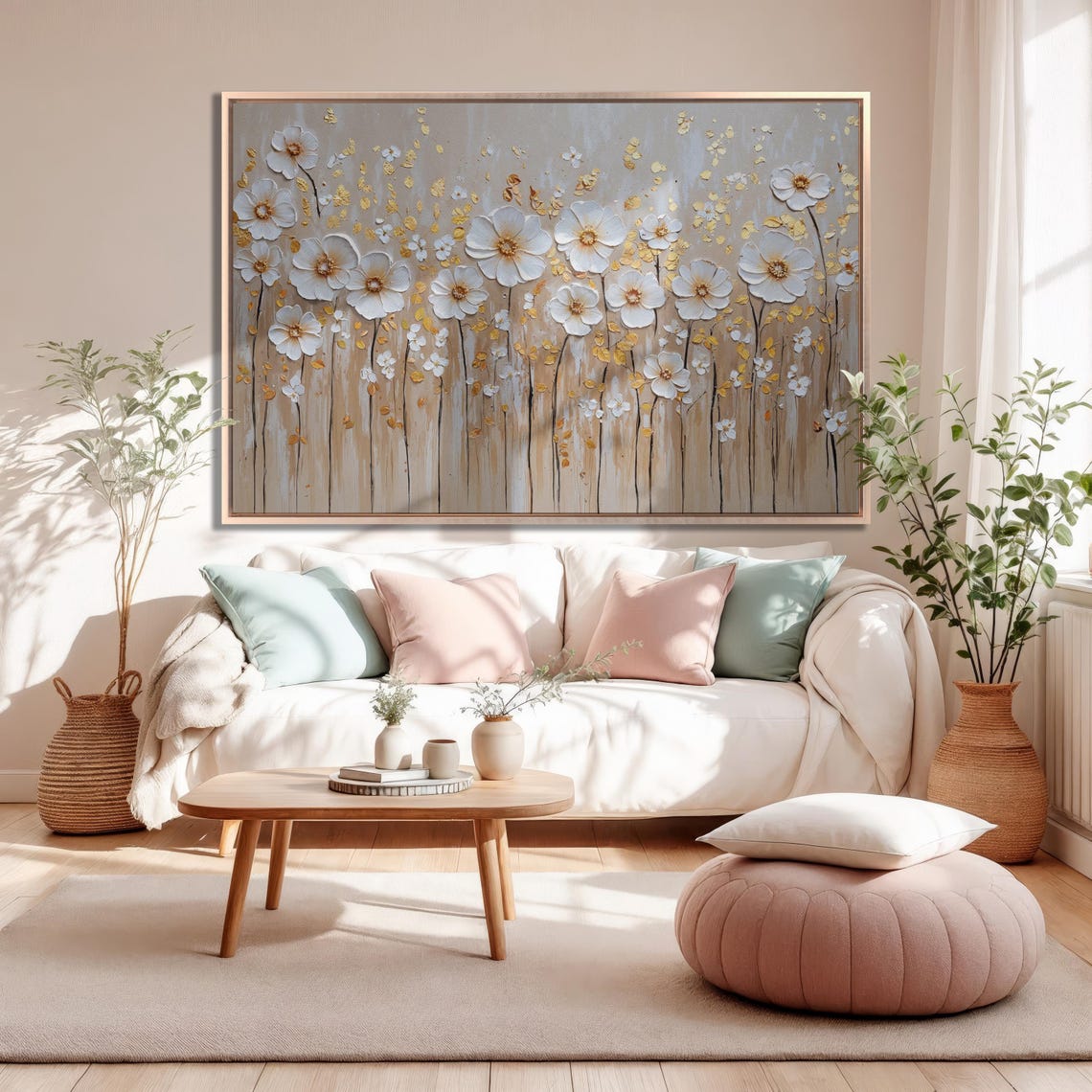 White Flowers Field with Gold Petals Impasto Meadow Elegant Art Poster - Image 2