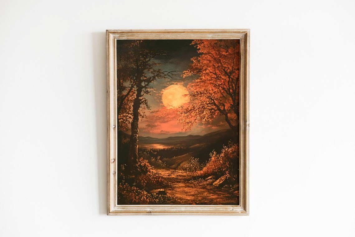 Moody Autumn Landscape With Full Moon Over A Golden Forest Lake Print