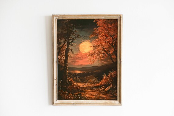 Moody Autumn Landscape With Full Moon Over A Golden Forest Lake Print
