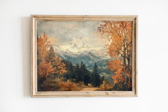 Rustic Fall Forest Landscape Print Vintage Moody Autumn Wall Art Printable Nature Prints Mountain Farmhouse Painting
