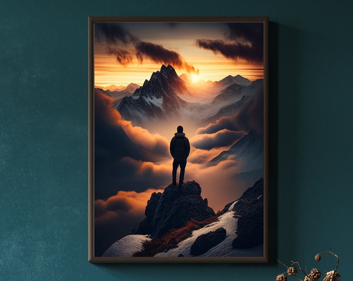 Lone Hiker Silhouette on Snowy Mountain Peak at Sunset Poster - Image 3