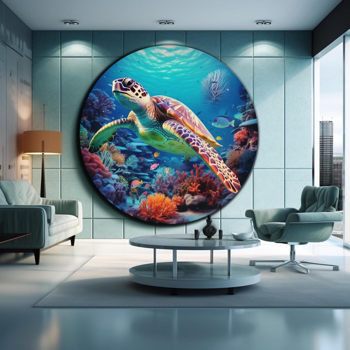 Sea Turtle Coral Reef Ocean Life Colorful Underwater Round Wall Art - Image 2