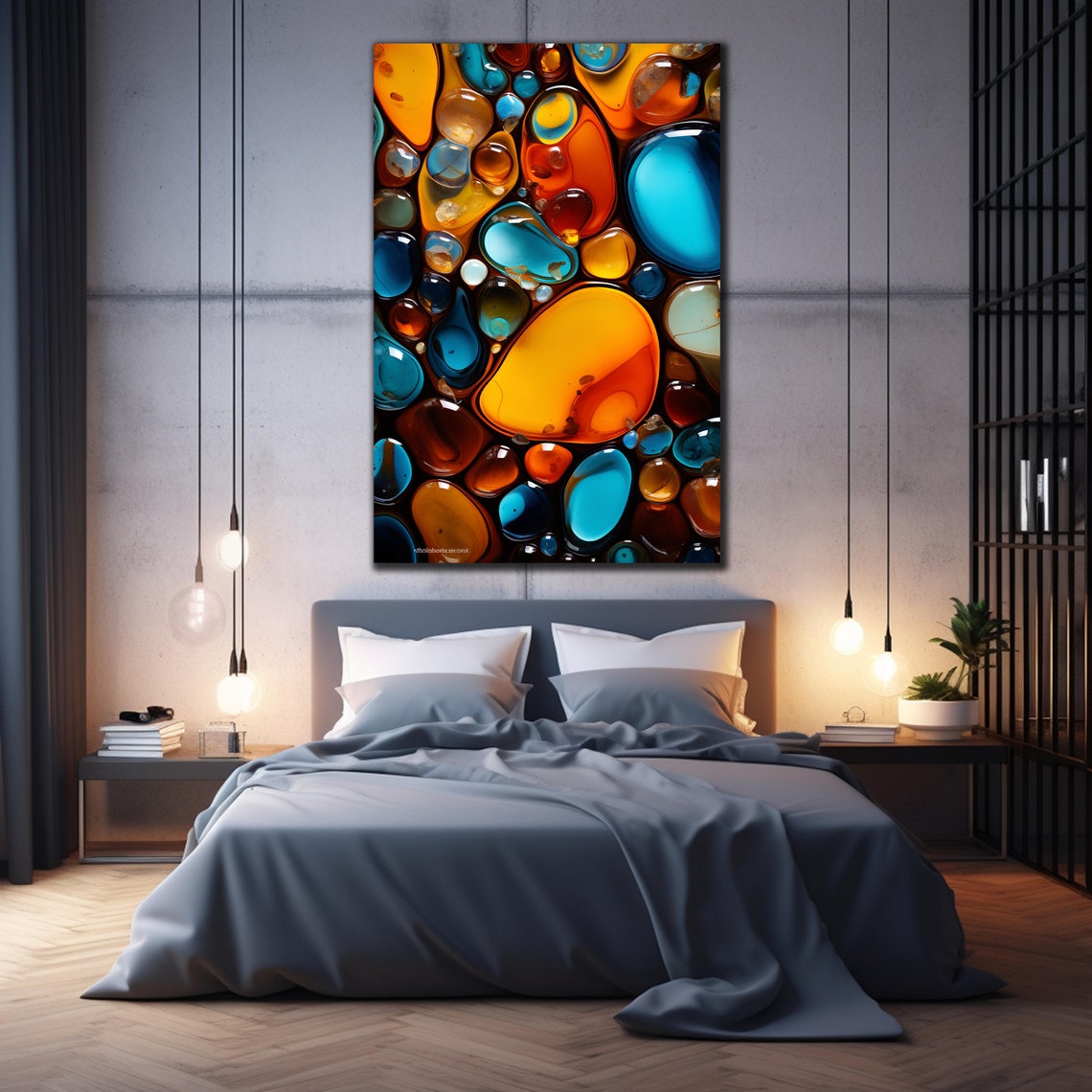 Amber Teal Liquid Droplet Abstract Dark Modern Art Wall Poster - Image 2