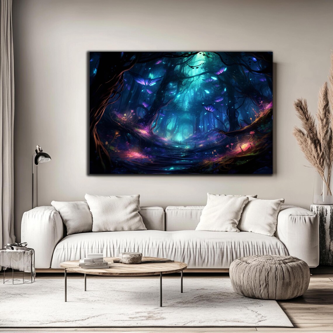 Fireflies Illuminate Forest Tempered Glass Wall Art Fantasy Neon Wall Decor Optical Illusion Artwork Psychedelic Glowing Forest Glass Art - Image 4