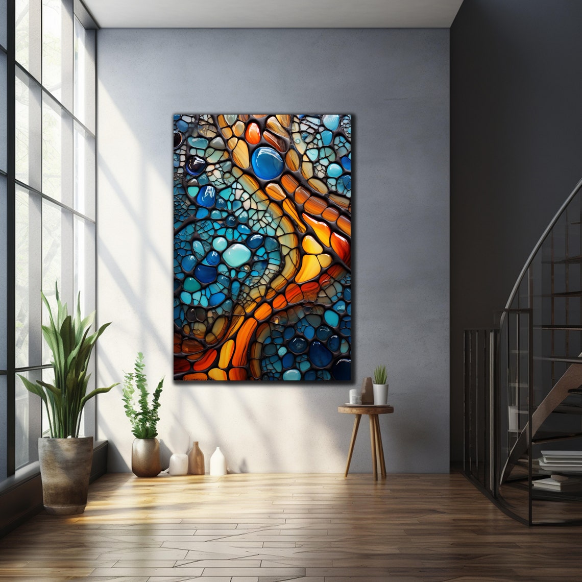 Teal Orange Glass Stone Mosaic Webbed Abstract Wall Art Poster - Image 2
