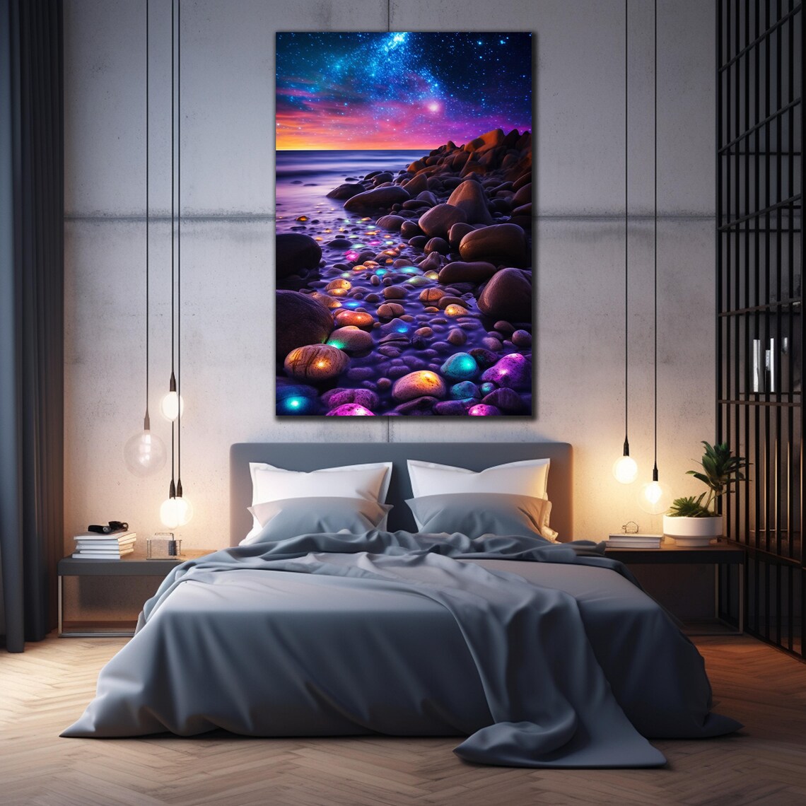Milky Way Beach Glowing Neon Stones Starlit Night Ocean Art Poster - Image 2